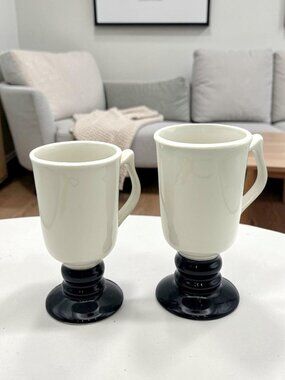 VTG Hall China Pedestal Coffee Mugs (2) Black & White Ceramic Footed Cups 1273